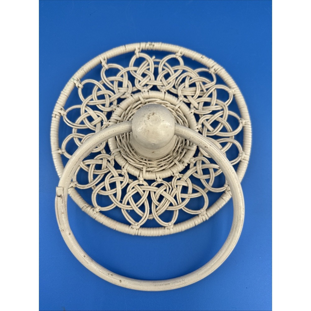 Vintage Rattan Ivory Wicker Towel Holder Boho MCM Beach Shabby Eclectic